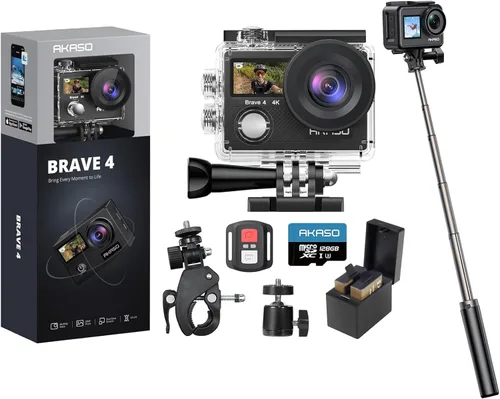 AKASO Brave 4 Cámara de acción 4K 30fps con tarjeta MicroSD U3 de 128 GB y trípode Selfie Stick de 23.6 in
