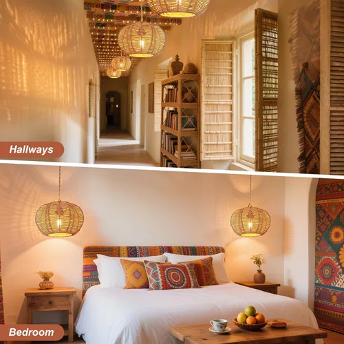 Miniatura 4 de Luces Colgantes con Cable de Enchufe, Lámpara Colgante de Ratán, Luminarias de Techo Boho, Lámpara Colgante de Estilo Rústico para Sala de Estar