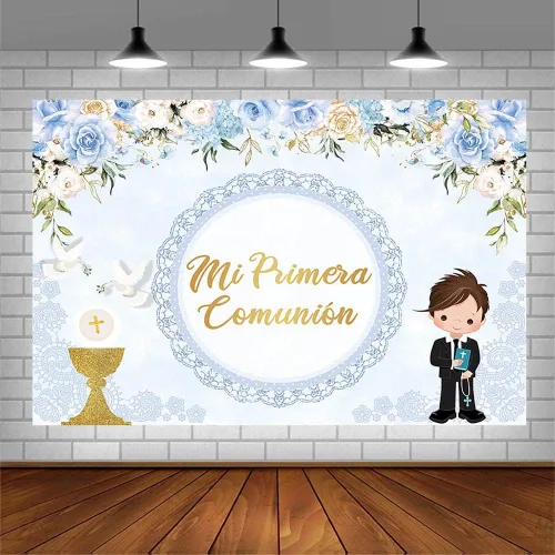 Miniatura 3 de AIBIIN Telón de fondo de bautismo de 7 x 5 pies para niño Mi Primera Comunión Bautizo Fotografía Fondo Dios bendiga Primera Comunión Banner Palomas