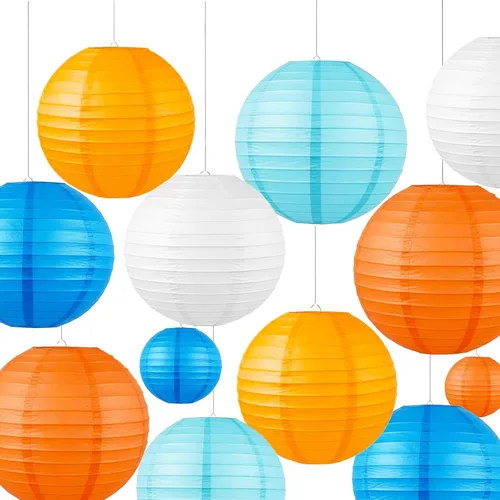Juego de linternas de papel azul y naranja (12 piezas) - Faroles colgantes de 6/8/10 pulgadas para fiestas de dibujos animados, eventos deportivos,