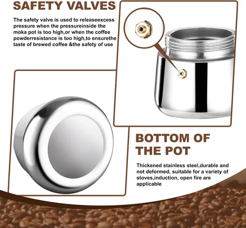 Miniatura 8 de Estufa de 2 tazas de acero inoxidable, cafetera italiana, capacidad para café moca, cocina clásica de inducción para el hogar y campamento, 3.3