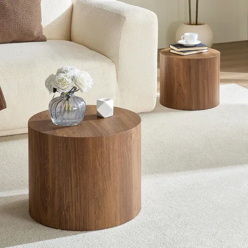 Miniatura 9 de Juego de 2 mesas auxiliares redondas, mesa auxiliar anidable y mesa auxiliar de madera con tambor circular pequeño para sala de estar, oficina, sin