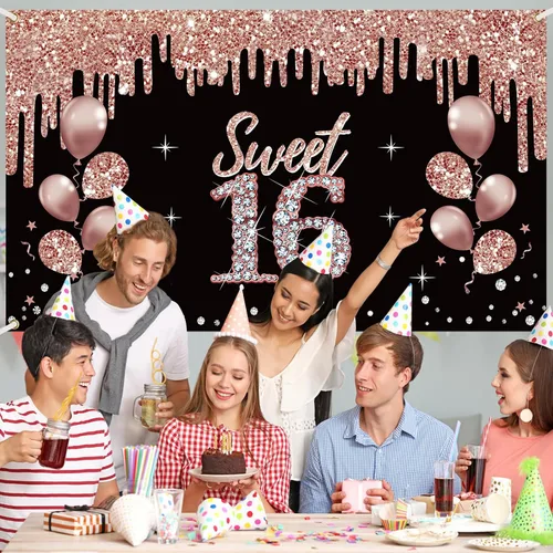 Miniatura 5 de Cartel de decoración de feliz cumpleaños número 16 para niñas, decoración de cumpleaños de 16 años de oro rosa, suministros de fiesta, fondo