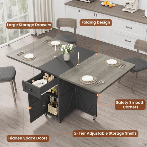 Miniatura 5 de Jocoevol Mesa de comedor plegable ahorradora de espacio para 4, mesa de comedor plegable estilo granja con cajón y estante de almacenamiento de 2