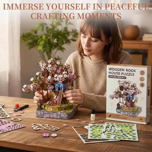 Miniatura 5 de Sakura Tree House Kit de casa en miniatura para adultos, rompecabezas de madera 3D con luz, juego de construcción de flor de cerezo japonés