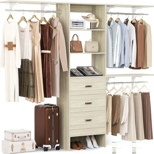 Miniatura 8 de Sistema de Organización de Closet Besiost con Cajón - Sistema Organizador de Closet de Madera de 8 Pies con 3 Barras para Colgar y Torre de Blanco