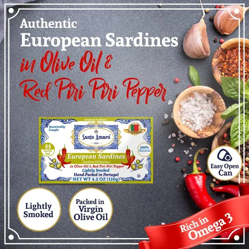 Miniatura 3 de Santo Amaro - Auténticas sardinas europeas en aceite de oliva y piri piri rojo, pimienta, sardinas enlatadas a mano en aceite de oliva picante
