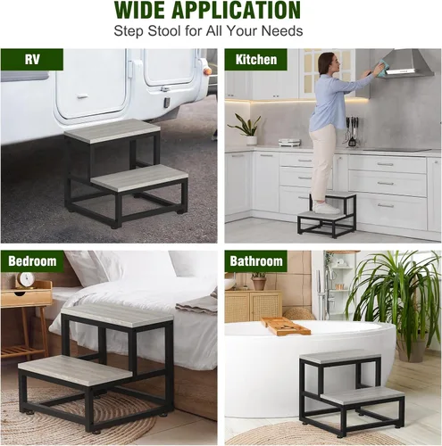 Miniatura 6 de LIANTRAL Taburete de 2 escalones para adultos y niños, taburetes de madera resistentes, taburete de mesita de noche con capacidad de carga de 500