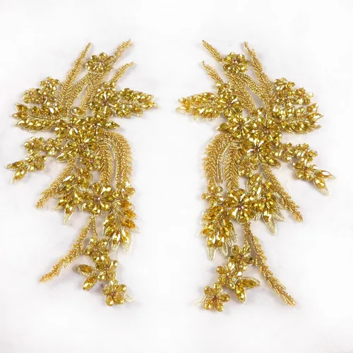 Miniatura 9 de Parches de diamantes de imitación hechos a mano, apliques de cuentas para decoración de vestidos de novia, apliques de flores de oro Oro-b