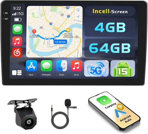 [4+64G] Hikity Android 15 Carplay estéreo doble Din, pantalla táctil en celda de 9 pulgadas, radio inalámbrica Carplay Android Auto 5G WiFi Car