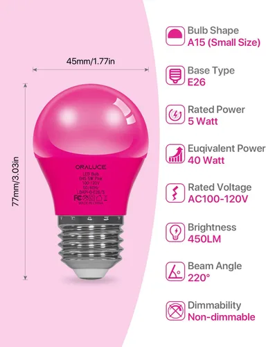 Miniatura 2 de ORALUCE Bombilla de porche rosa equivalente a 40 W, bombillas LED A15 para decoración e iluminación de fiestas de Halloween, Navidad, bombilla
