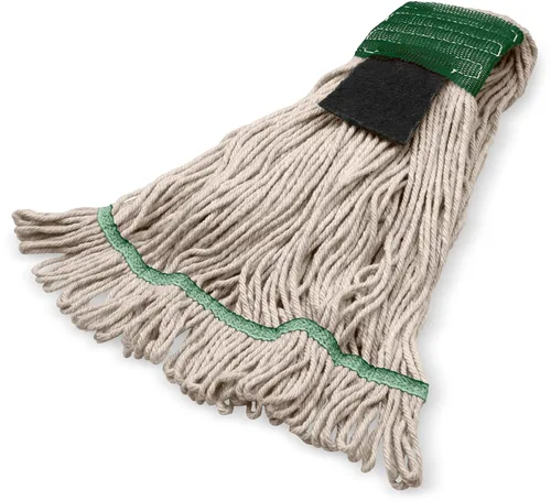 SPARTA Flo-Pac - Cabezal de trapeador acrílico, extremos de bucle, banda ancha con banda verde de 5 pulgadas con depurador para limpieza organizada,