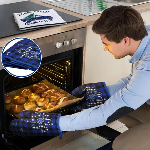 Miniatura 2 de Leinuosen Juego de 6 Piezas de Cocina de Navidad Juego de Toallas de Mano para Platos, Soportes para Ollas y Guantes de Horno Toallas de Té