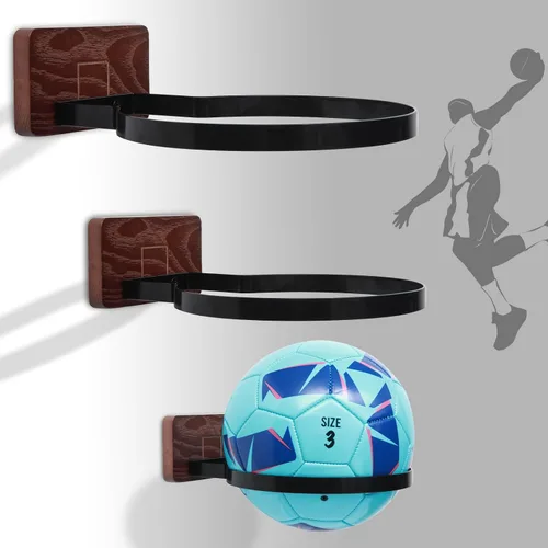 Miniatura 13 de Soporte de pared para baloncesto VIVTOB, soporte de pared para pelota de 7 pulgadas con base de madera maciza de nogal negro y anillo de metal