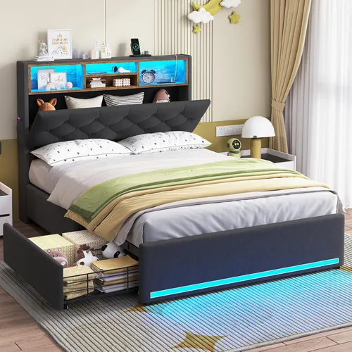 Miniatura 13 de HAUOMS Cama Twin con Cabecera de 3 Niveles y Almacenamiento Oculto, Marco LED Tapizado con 4 Cajones y Estación de Carga, Cama de Plataforma de Pu
