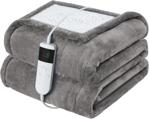Miniatura 31 de Manta térmica eléctrica de 50 x 60 pulgadas, manta eléctrica de franela suave y sherpa con 10 niveles de calefacción, se apaga automáticamente
