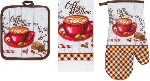 Juego de ropa de cocina estampada Coffee Time de 3 piezas, 1 toalla de algodón, 1 agarradera, 1 guante de horno con lazo para colgar, material 100%