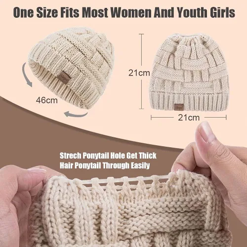 Miniatura 4 de Alepo Womens High Messy Bun Beanie Hat with Ponytail Hole, Winter Warm Trendy Knit Ski Skull Cap