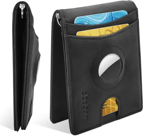 doeboe Soporte para cartera AirTag, cartera para hombre, de cuero auténtico, con clip para dinero, billetera delgada con RFID minimalista,
