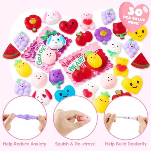 Miniatura 5 de JOYIN Paquete de 30 tarjetas de regalo para el día de San Valentín con juguetes esponjosos Mochi de frutas, juguetes para aliviar el estrés, juguete