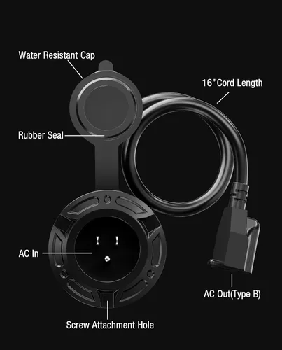 Miniatura 2 de Enchufe de Cargador de Entrada de Alimentación de Costa para RV de 15AMP 125V Puerto de CA con Cable de Extensión Integrado de 16" y Tapa Resistente