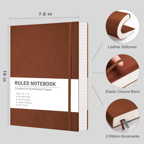 Miniatura 2 de RETTACY Cuaderno rayado, 2 paquetes, 204 páginas numeradas por paquete, B5 mediano 17.6 x 25 cm, tapa blanda de cuero, papel grueso de 100 g/m²