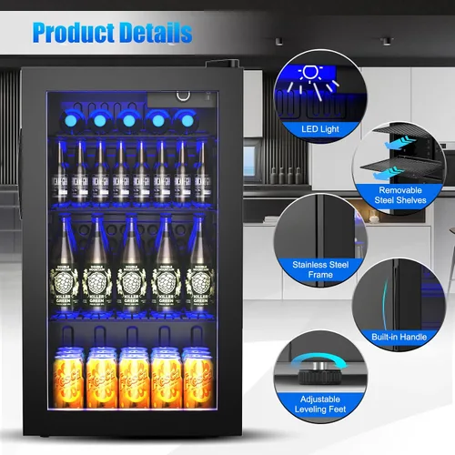 Miniatura 6 de ARLIME Mini nevera, enfriador de bebidas, 120 latas, refrigerador de bebidas con puerta de vidrio, estantes extraíbles para vino de cerveza de soda