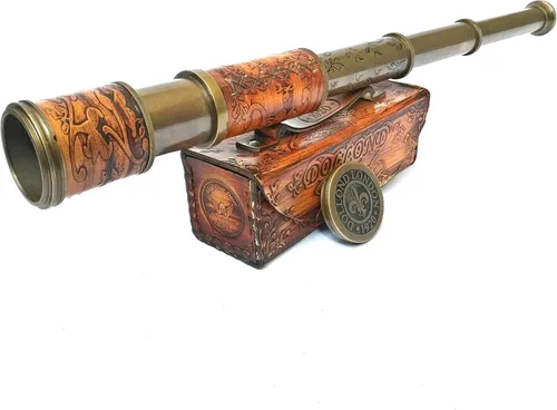 Telescopio náutico de latón pirata de mano con caja/estuche, decoración del hogar, capitán pirata, barco (14 pulgadas), rústico, vintage, decoración
