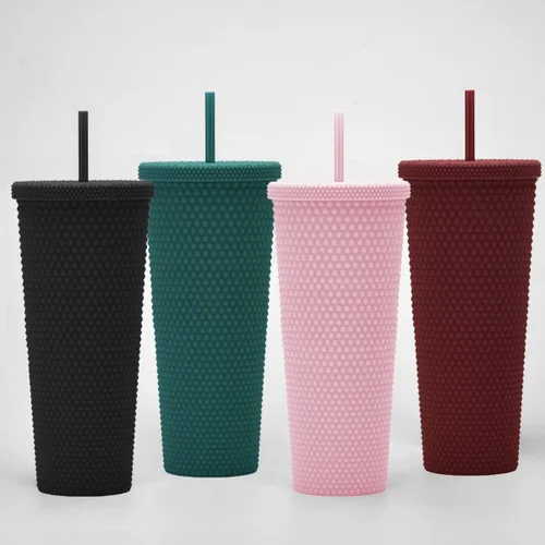 Miniatura 4 de Vaso Tachonado DIY de 24oz. Vaso Tachonado Negro Mate con Tapa y Pajita. Vaso de Viaje Reutilizable con Aislamiento de Doble Pared. Vaso de Plástico