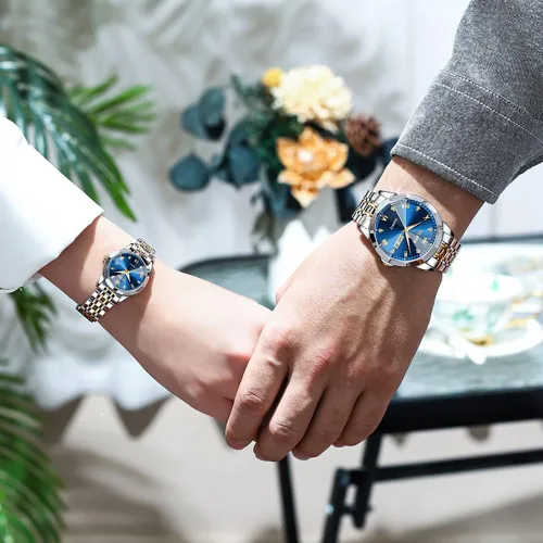 Miniatura 51 de OLEVS Juego de 2 relojes de cuarzo para parejas de San Valentín, calendario luminoso, ventana de fecha, 3 ATM, impermeable, casual, acero