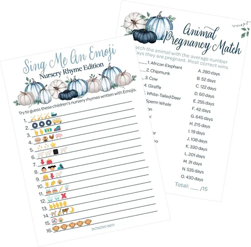 DISTINCTIVS Blue Little Pumpkin - Paquete de juego para baby shower, tarjetas de actividades de baby shower, 20 tarjetas de doble cara para