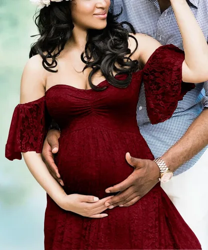 Miniatura 2 de ZIUMUDY Fotografía Vestido de maternidad fuera del hombro Encaje Baby Shower Vestido de novia embarazada