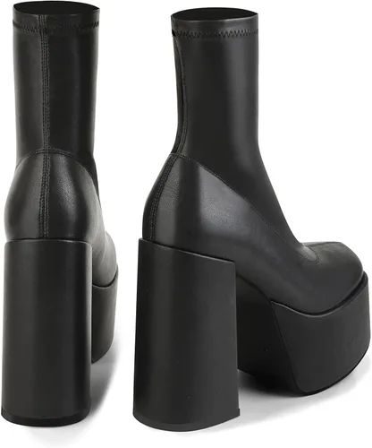 Miniatura 5 de Easyfox Platform Boots for Women Mid Calf Chunky High Heels Ankle Booties Slip on Round Toe Elastic PU Leather Short Boots