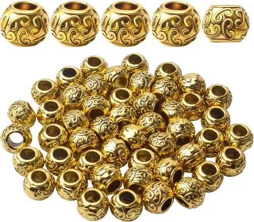 Miniatura 11 de 60 piezas de cuentas espaciadoras de agujero grande tibetanas de oro antiguo, cuentas redondas de tubo, espaciadores europeos rondelle para collar