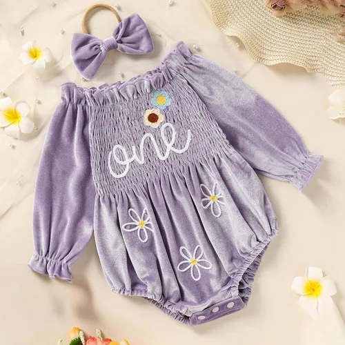Miniatura 30 de GRNSHTS Ropa de primer cumpleaños para niña de terciopelo de un año de edad, mameluco de manga larga + diadema, 2 piezas de trajes de pastel