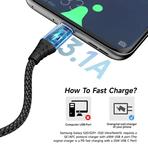 Miniatura 3 de Cable USB tipo C [4 unidades de 10 pies] USB 3A cable de carga rápida trenzado compatible con Samsung Galaxy A10e A20 A50 A51 A71, S10 S9 S8 Plus