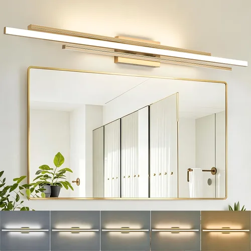 Miniatura 11 de VitaLink Lámpara de tocador dorada, 24 pulgadas, moderna lámpara de pared de baño sobre espejo de tocador, 2 luces cableadas de vidrio blanco