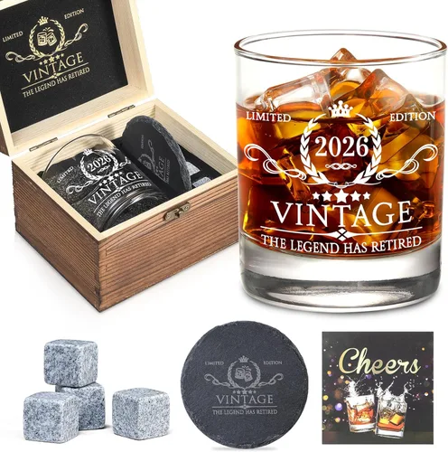 Regalos de jubilación para hombres, juego de vasos de whisky – The Legend Has Retired 2026 – Decoraciones de fiesta de jubilación, suministros –