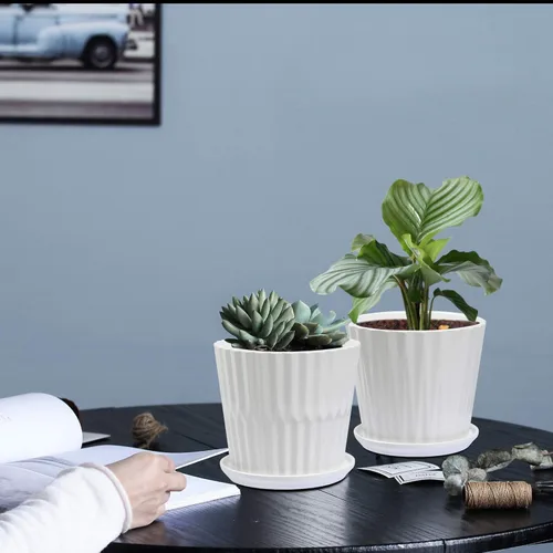 Miniatura 5 de sietpoek Macetas – Macetas cilíndricas de cerámica de 6.7 pulgadas con platillo conectado, macetas para plantas Succuelnt y pequeñas serpientes