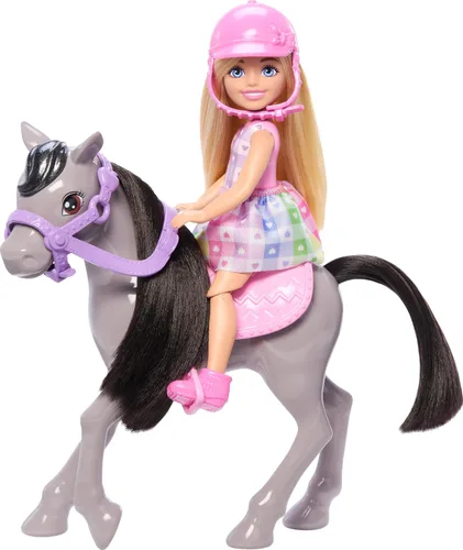 Barbie Chelsea - Juego de muñeca y caballo de juguete, incluye accesorio para casco y silla de montar, muñeca pequeña que se dobla en las rodillas