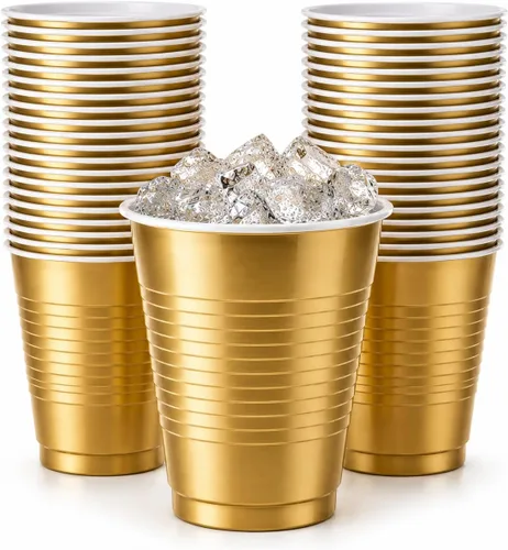 Hanna K. Signature - Vasos desechables de plástico para fiestas, resistentes vasos dorados de 18 onzas, 50 unidades