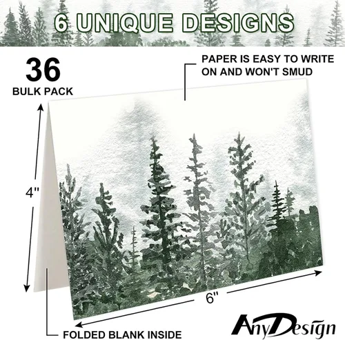 Miniatura 2 de AnyDesign Paquete de 36 tarjetas de agradecimiento de bosque de acuarela, montañas, paisaje, con sobres, calcomanías de bosque de montaña, tarjeta