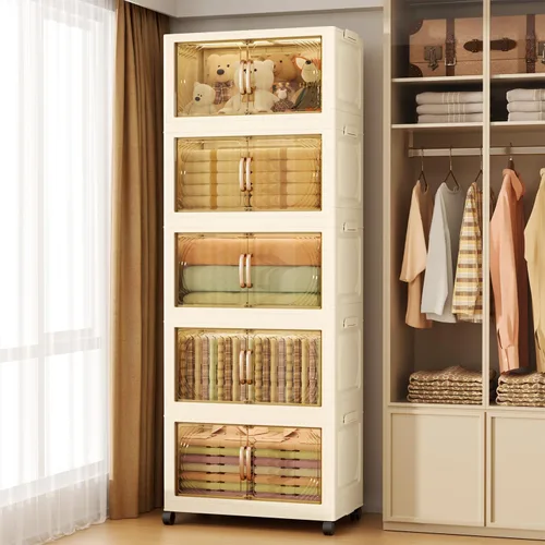 Contenedores de almacenamiento de plástico de 5 niveles con tapas, caja de almacenamiento plegable con puertas y ruedas, contenedores de