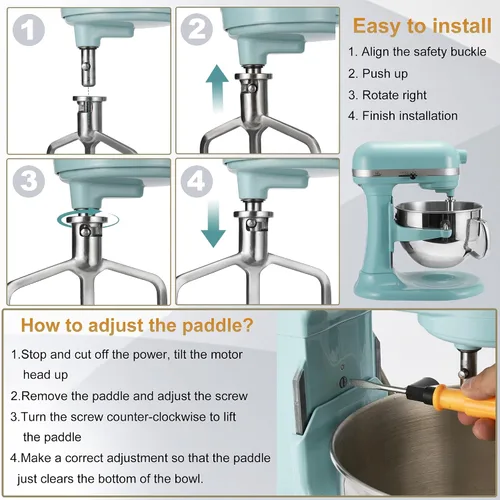 Miniatura 6 de Batidor plano para mezclador KitchenAid de 5-6 cuartos de galón con soporte para tazón, accesorios de mezcla de pala de acero inoxidable