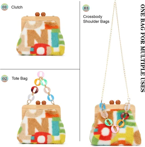 Miniatura 3 de Bolso de hombro de felpa de moda para mujer, bolso de noche con cierre de beso, suave y esponjoso, bolso de mano para fiesta de boda