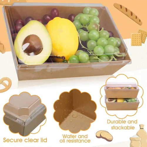 Miniatura 4 de ReliThick Paquete de 50 Cajas de Charcutería de 8x6 pulgadas con Tapas Transparentes Recipientes Grandes de Papel Desechables para Alimentos