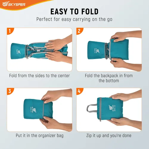 Miniatura 5 de SKYSPER Mochila de senderismo pequeña plegable de 10 litros, plegable, ligera, para senderismo, viaje, para mujeres y hombres Cian