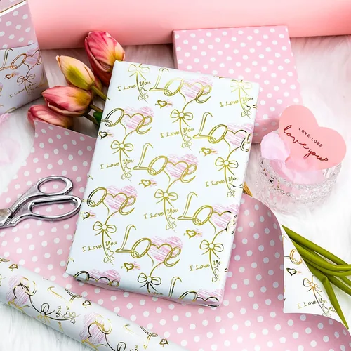 Miniatura 6 de Yarcony Papel de regalo reversible de boda, papel de regalo con temática de corazón, estampado creativo de amor y lazo, envoltura de regalo