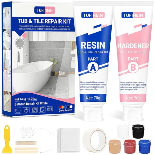 Kit de reparación de bañera 4.94oz (Color Match), kit de reparación de porcelana TUFINEIN para reparación y corrección de fibra de vidrio, esmalte,