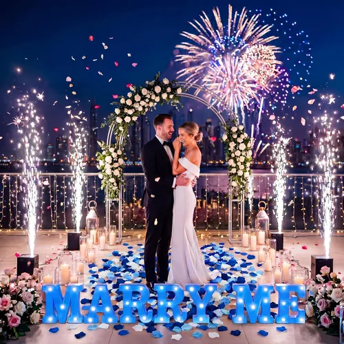 Miniatura 7 de Roowest El juego de decoración de propuesta de luz con letras Marry Me incluye 7 LED de 6.3 pulgadas y 1000 pétalos de rosa para decoración de boda